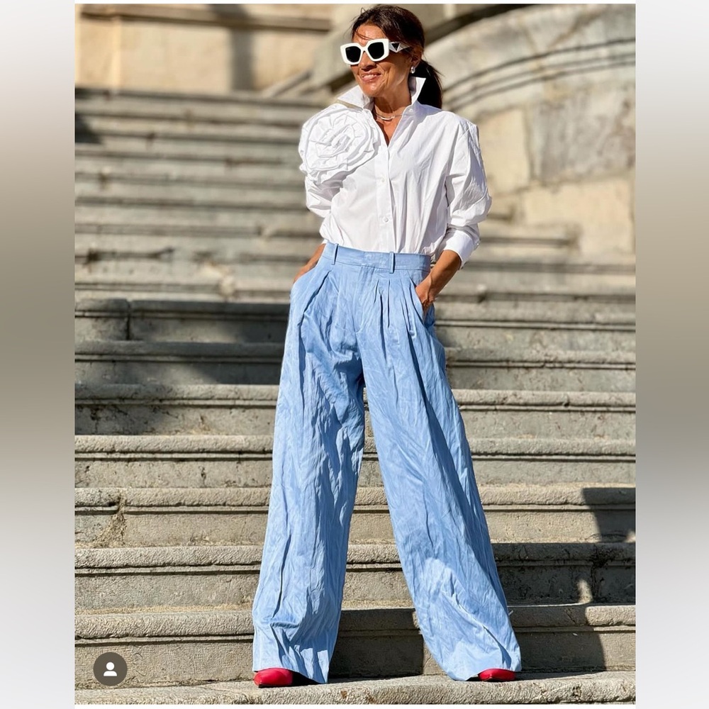 Zara Light Blue One-Shoulder Top and Wide-Leg Pants Set - Picture 10 of 16